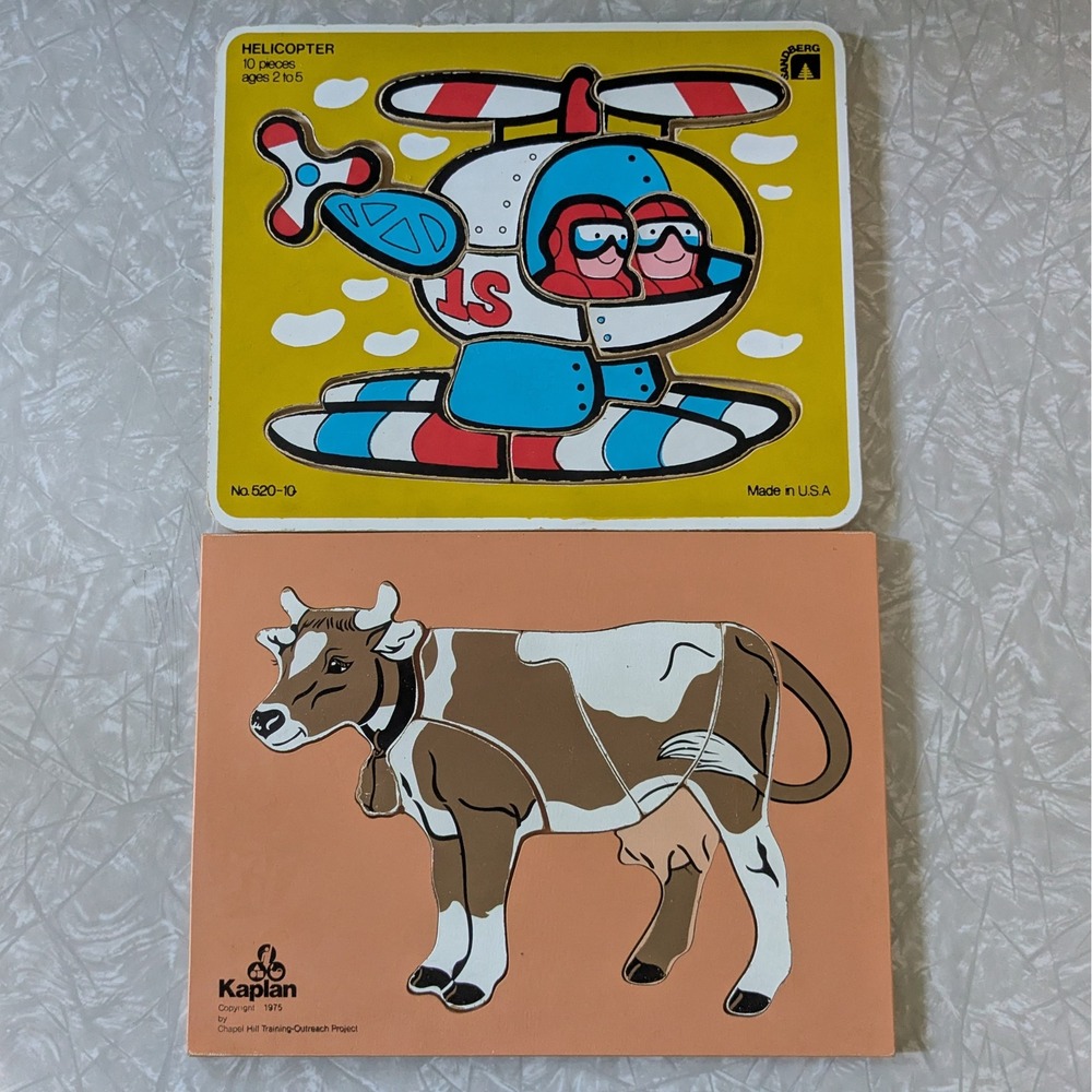 Vintage‎ 70s 80s Wooden Tray Puzzles Kaplan Cow Sandberg Helicopter Set of 2